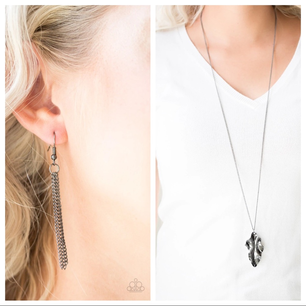 Long Gunmetal Leaf Necklace and Earrings Set